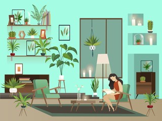 Cozy room. Vector night living room with lone reading woman and urban garden