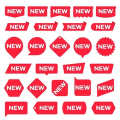 New red labels. Modern accent, new shop promotion stickers. Vector set