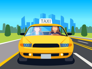 Car taxi driver. Client auto cab inside passenger man profession navigation safety comfort commercial taxi cartoon