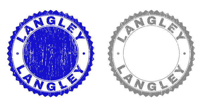 Grunge LANGLEY stamp seals isolated on a white background. Rosette seals with distress texture in blue and gray colors. Vector rubber stamp imprint of LANGLEY label inside round rosette.