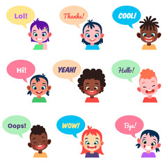 Kids avatars. International people with speech bubbles different chat words children communication talking bubbles