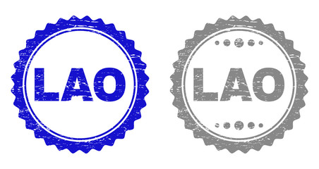 Grunge LAO stamp seals isolated on a white background. Rosette seals with grunge texture in blue and gray colors. Vector rubber watermark of LAO tag inside round rosette.
