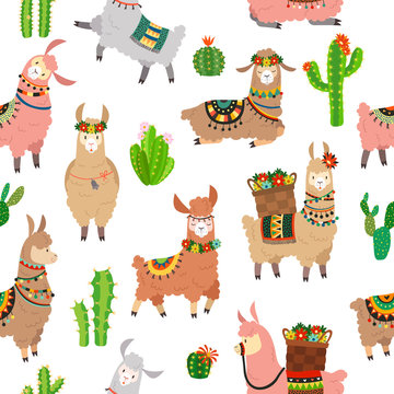 Llama seamless pattern. Baby llamas cute alpaca and cacti wild lama. Peru camel, girl wallpaper vector animal texture