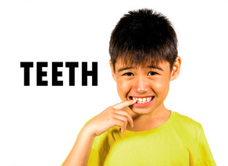 English language learning card with portrait of 8 years old child pointing his teeth isolated on...
