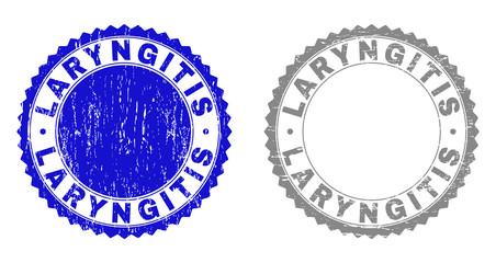 Grunge LARYNGITIS stamp seals isolated on a white background. Rosette seals with distress texture in blue and gray colors. Vector rubber stamp imitation of LARYNGITIS label inside round rosette.