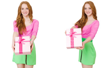 Beautiful woman in green skirt with giftbox