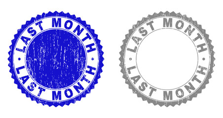 Grunge LAST MONTH stamp seals isolated on a white background. Rosette seals with grunge texture in blue and grey colors. Vector rubber stamp imprint of LAST MONTH label inside round rosette.