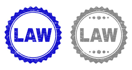 Grunge LAW stamp seals isolated on a white background. Rosette seals with grunge texture in blue and gray colors. Vector rubber watermark of LAW tag inside round rosette.