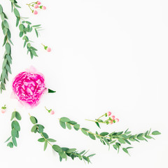 Pink peonies and roses flowers and eucalyptus on white background. Flat lay, top view