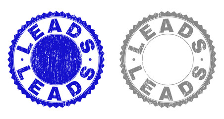 Grunge LEADS stamps isolated on a white background. Rosette seals with grunge texture in blue and gray colors. Vector rubber stamp imprint of LEADS title inside round rosette.
