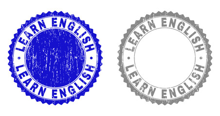 Grunge LEARN ENGLISH stamp seals isolated on a white background. Rosette seals with grunge texture in blue and gray colors. Vector rubber stamp imitation of LEARN ENGLISH title inside round rosette.