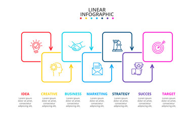 Thin line flat squares for infographic with 7 options, parts, steps or processes. Template for diagram, graph, presentation and chart. Line icons