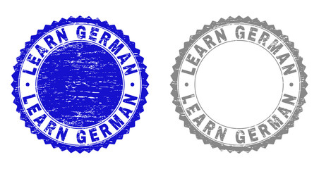 Grunge LEARN GERMAN stamp seals isolated on a white background. Rosette seals with grunge texture in blue and grey colors. Vector rubber stamp imprint of LEARN GERMAN tag inside round rosette.
