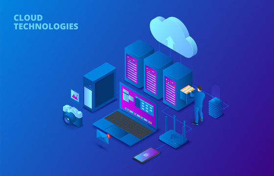 Dark isometric cloud storage technology concept with servers, laptop and man. Landing page template