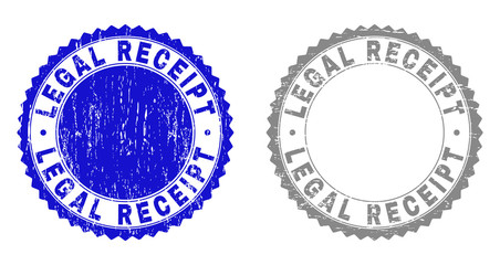 Grunge LEGAL RECEIPT stamp seals isolated on a white background. Rosette seals with distress texture in blue and gray colors. Vector rubber stamp imprint of LEGAL RECEIPT caption inside round rosette.