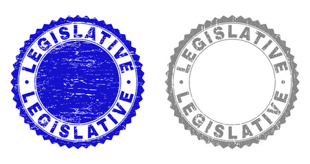 Grunge LEGISLATIVE stamp seals isolated on a white background. Rosette seals with grunge texture in blue and grey colors. Vector rubber watermark of LEGISLATIVE label inside round rosette.