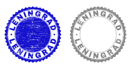 Grunge LENINGRAD stamp seals isolated on a white background. Rosette seals with grunge texture in blue and gray colors. Vector rubber overlay of LENINGRAD text inside round rosette.