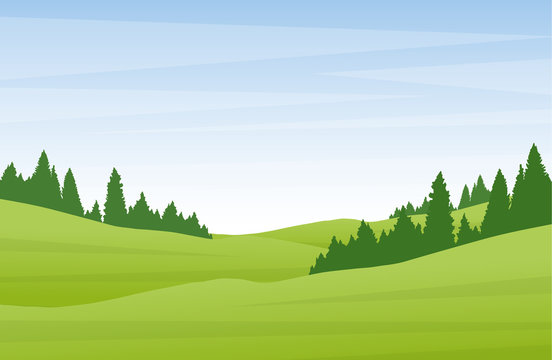 Vector illustration: Flat cartoon summer landscape with green hills and pine forest.