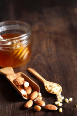 Fresh nuts on the table for breakfast with honey