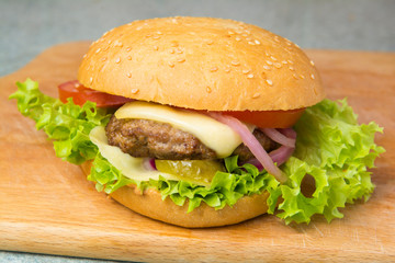 cheeseburger with lettuce, tomato, and onion on a brioche bun
