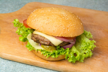 cheeseburger with lettuce, tomato, and onion on a brioche bun