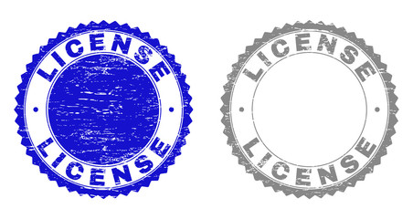 Grunge LICENSE stamp seals isolated on a white background. Rosette seals with grunge texture in blue and grey colors. Vector rubber stamp imitation of LICENSE tag inside round rosette.