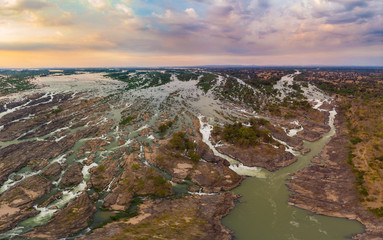 Aerial panoramic 4000 islands Mekong River in Laos, Li Phi waterfalls, famous travel destination...