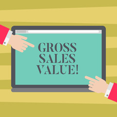 Text sign showing Gross Sales Value. Conceptual photo total transactions reported period without any deductions Hu analysis Hands from Both Sides Pointing on a Blank Color Tablet Screen