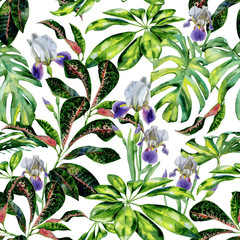 Seamless watercolor tropical pattern with green schefflera arboricola plant  and iris flowers, croton and dwarf umbrella tree. Exotic wallpaper pattern with tropic plants. - 248424319