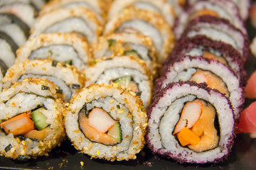  sushi roll on buffet in japanes restaurant