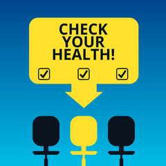 Handwriting text writing Check Your Health. Concept meaning physical examination includes variety of different tests Blank Space Color Arrow Pointing to One of the Three Swivel Chairs photo
