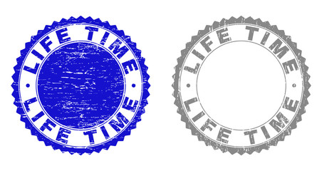 Grunge LIFE TIME stamp seals isolated on a white background. Rosette seals with grunge texture in blue and grey colors. Vector rubber stamp imitation of LIFE TIME title inside round rosette.
