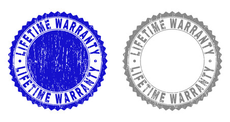 Grunge LIFETIME WARRANTY stamp seals isolated on a white background. Rosette seals with grunge texture in blue and gray colors.