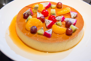  caramel custard with fresh mixed fruit