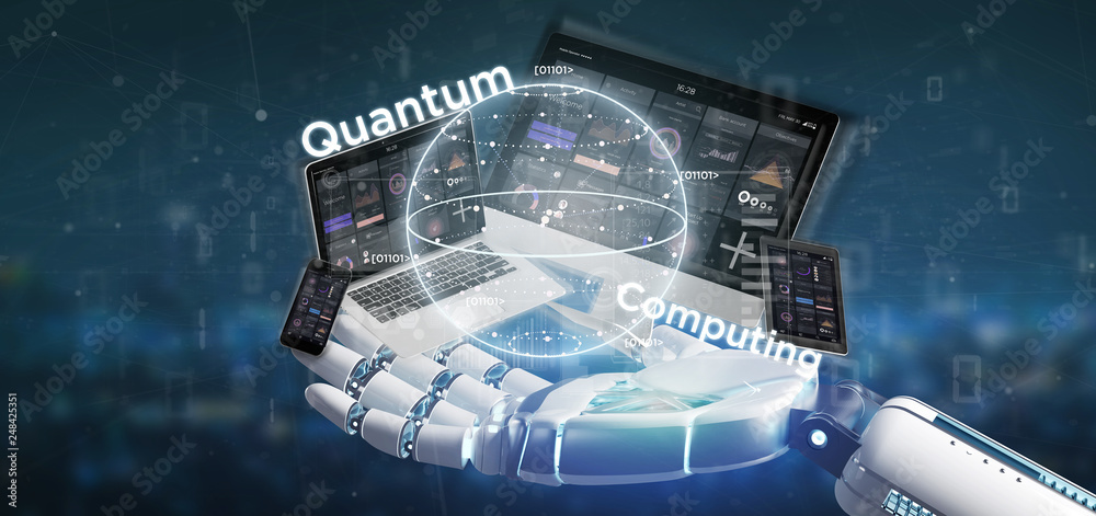 Poster cyborg hand holding quantum computing concept with qubit and devices 3d rendering
