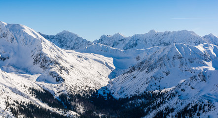 The upper floor of the valley and the surrounding peaks. Winter in the mountains. Tatra Mountains.