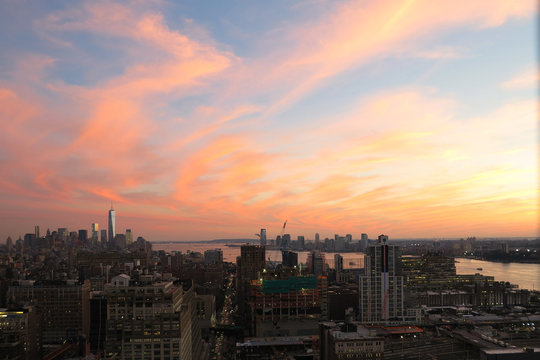 Aerial and panorama view of skyscrapers of New York City, Manhattan. Top view of night midtown of Manhattan. © flowertiare