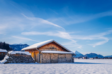 Winter landscape in the European Alps at winter, snowy, sunny travel concept