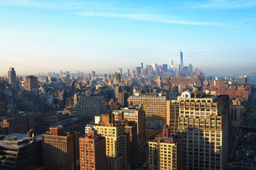 Fototapeta premium Aerial and panorama view of skyscrapers of New York City, Manhattan. Top view of sunset midtown of Manhattan.