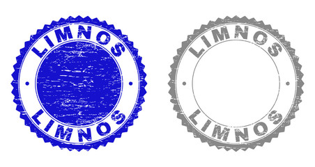 Grunge LIMNOS stamp seals isolated on a white background. Rosette seals with distress texture in blue and grey colors. Vector rubber stamp imitation of LIMNOS title inside round rosette.