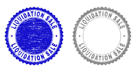 Grunge LIQUIDATION SALE stamp seals isolated on a white background. Rosette seals with distress texture in blue and gray colors.