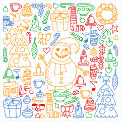 Vector set of Christmas, holiday winter days 2019, 2020, vector illustration. New Year's pattern, children's drawings with a teacher icons in doodle style. Painted, colorful, pictures on a sheet of