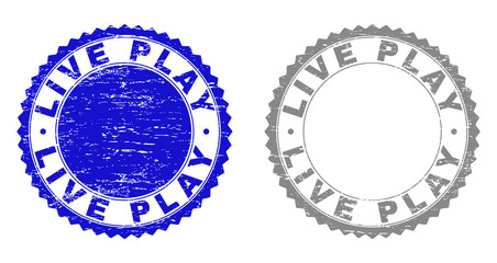 Grunge LIVE PLAY stamp seals isolated on a white background. Rosette seals with grunge texture in blue and gray colors. Vector rubber overlay of LIVE PLAY label inside round rosette.