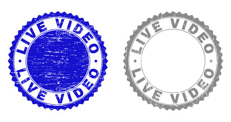 Grunge LIVE VIDEO stamp seals isolated on a white background. Rosette seals with distress texture in blue and grey colors. Vector rubber stamp imitation of LIVE VIDEO title inside round rosette.