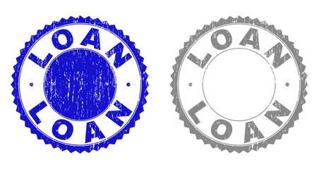 Grunge LOAN stamp seals isolated on a white background. Rosette seals with grunge texture in blue and gray colors. Vector rubber stamp imitation of LOAN text inside round rosette.