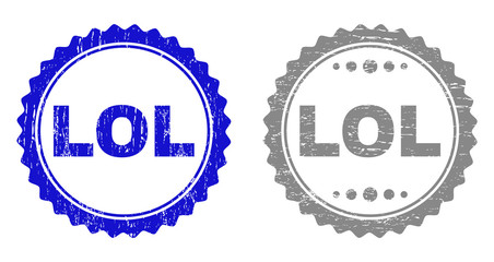 Grunge LOL stamp seals isolated on a white background. Rosette seals with grunge texture in blue and gray colors. Vector rubber stamp imitation of LOL tag inside round rosette.