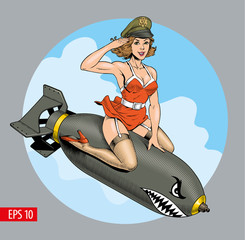 A vintage comic style sexy woman riding a bomb. Vector illustration.