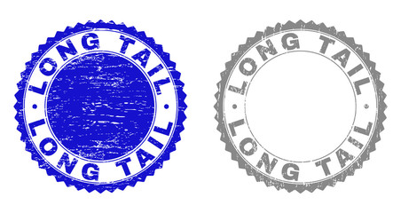 Grunge LONG TAIL stamp seals isolated on a white background. Rosette seals with grunge texture in blue and grey colors. Vector rubber overlay of LONG TAIL title inside round rosette.