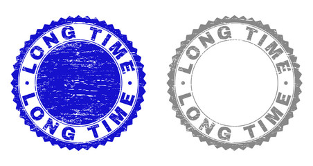 Grunge LONG TIME stamp seals isolated on a white background. Rosette seals with distress texture in blue and gray colors. Vector rubber stamp imprint of LONG TIME label inside round rosette.
