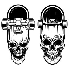 Illustration of skateboard with skull. Design element for logo, label, sign, poster, t shirt. © liubov